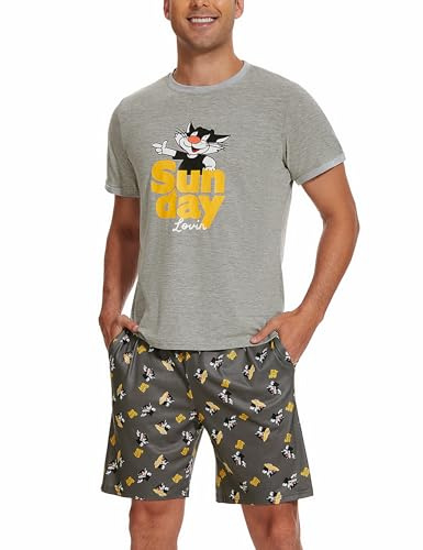 Demegimi Herren Schlafanzug Kurz Shorty Pyjama Baumwolle Lustige Katze T-Shirt Sommer Pyjama Set Loungewear für Männer