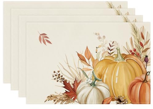 Bonhause Set di 4 tovagliette con foglie di zucca e autunno, per il giorno del Ringraziamento autunnale, lavabili, per cucina, tavolo, decorazione per interni, vacanze, feste, 30 x 45 cm