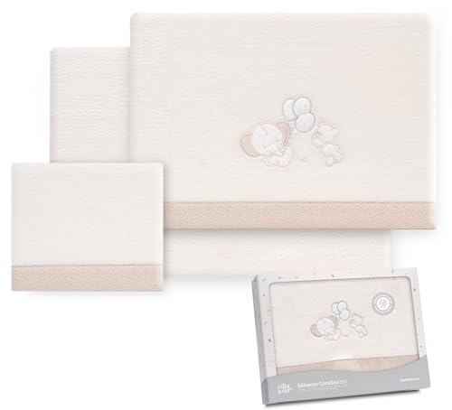 Interbaby - Bettwäsche-Set für Kinderwagen, 40 x 80 cm, 100% Polyester, warm, inklusive Spannbettlaken, Bettbezug und Kissenbezug, ideal für den Winter, Elefant, Ballon, Herz, beige