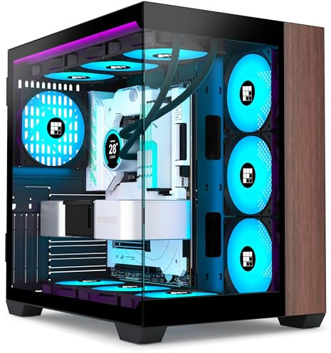 FOIFKIN M9 PC Gehäuse -Holz Walnuss Frontplatte, Vorinstallierter 3 PWM ARGB Lüfter,ATX Mid-Tower Gaming PC Gehäuse, 270° Panorama Glas mit Type-C (Schwarz, M9)