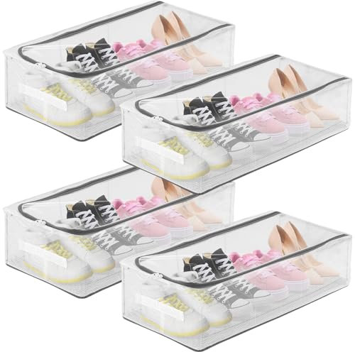 Lot de 4 organiseurs de rangement pour chaussures sous le lit, solution de rangement pliable transparente avec fenêtre pour 16 paires, boîte de rangement sous le lit, organisateur de chaussures sous