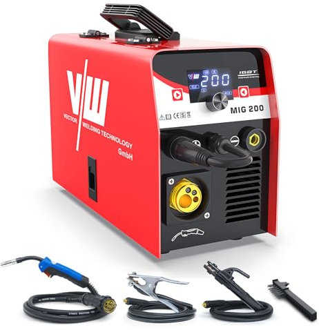 VECTOR WELDING Soldadora MIG MAG 200A, Soldadora de Hilo Tubular con Protección de Gas, MMA/MIG Máquina de Soldar Inverter con Pantalla LED, MCU, IGBT, para soldar con y sin gas