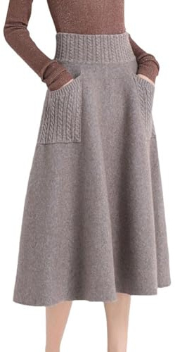 Falda Larga de Lana Mujer Invierno con Bolsillos Cintura Elastica Cálida Falda Midi Plisada Falda de Punto (FR/ES, Letras, XL, Regular, Regular, Gris)