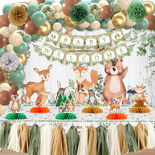 Woodland Animals Baby Shower Decorations for Boy Girl , Forest Animal Gender Reveal Neutral Party Supplies with Woodland Animals Honeycomb Centerpieces Tablecloth Backdrop Tassel Balloons Arch Kit