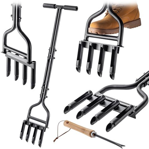 KADAX Rasenlüfter, Aerifiziergabel für Rasen, Aerifizierer mit T-Griff und 4 Hohlspoon, Rasenbelüfter, Rasenspecht für Rasenbelüftung und Rasenpflege