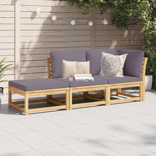 IKAYAA Gartensofa 3 Sitzer Balkon Sofa Holz Balkon Couch Lounge Sofa Outdoor Sitzbank Balkon Lounge Klein Balkonmöbel Holzsofa Gartenmöbel Set 3-TLG Grau