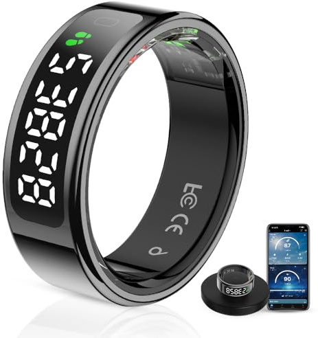 Govllfoz Anillo inteligente con pantalla LCD, rastreador de sueño, anillo de control táctil con frecuencia cardíaca, oxígeno de sangre, base de carga inalámbrica, rastreador de fitness resistente al