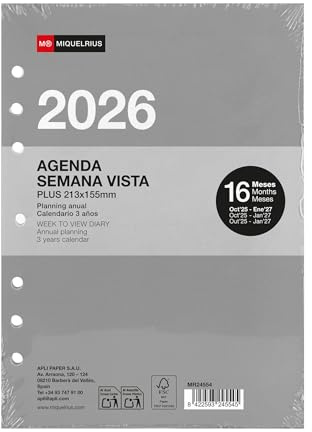 Miquelrius Recharge agenda 2026 à anneaux, 16 mois, vue hebdomadaire verticale, format A5 élargi (155 x 213 mm), planificateur intérieur hebdomadaire remplaçable à 6 anneaux, espagnol EN-PT