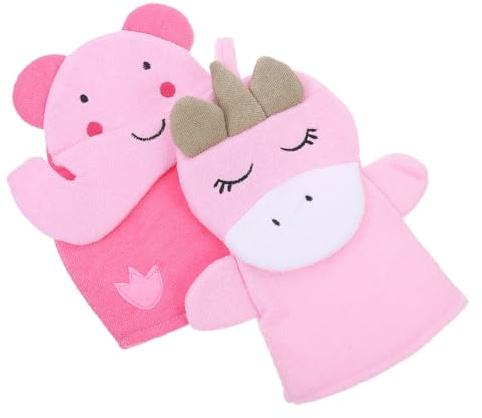 Healvian Bath Gloves Body Scrubbing Mitts Exfoliating 2pcs Composite Cotton Material in Pink with Elephant and Unicorn Shapes for Skin Exfoliation and Comfortable Use for Gentle Kids
