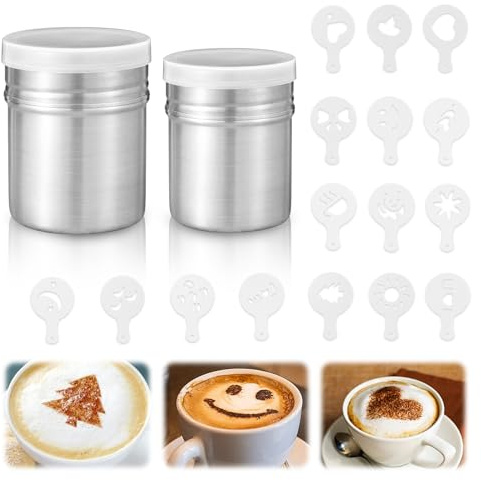 Tarqite 2 spargitore per zucchero a velo con 16 stampi per stampa, in acciaio inox, per cappuccino, farina con coperchio, medio e piccolo, per cottura e cottura