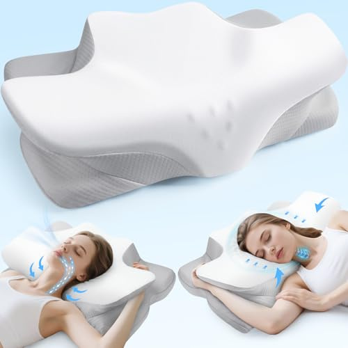 Drifina Orthopaedic Neck Support Pillow for Side Sleepers, Cervical Memory Foam Pillow for Neck & Shoulder Pain Relief, Dual-Height Ergonomic Bed Pillow, Cooling Washable Cover, 100-Night Trial，White