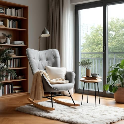 MEUBLE COSY Poltrona Relax, Sedia a Dondolo Confortevole in Tessuto con Gambe in Legno e Metallo per Soggiorno, Decorazione con Bottoni