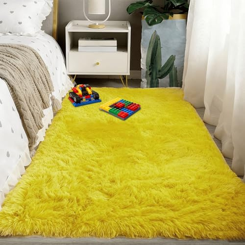 PSHCEE Shaggy Hochflor Teppich 240 x 270 cm Weich Hochwertiger Outdoor Teppich Waschbar Und rutschfest für Schlafzimmer, Esszimmer Als Stilvoller Küchenteppich, Gelb