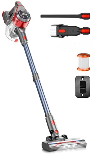 Honki Akku Staubsauger Kabellos, LED Display, 8-in-1 Cordless Vacuum mit Anti-Tangle Bürste & HEPA-Filter – für Tierhaare, Teppiche, Hartböden, Rot