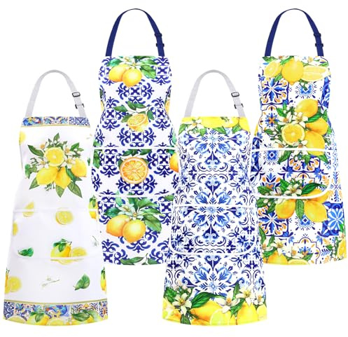 Newcotte 4 Pack Italian Lemon Aprons Adjustable with 2 Pockets Amalfi Coast Chef Apron Blue Tiles Lemon Gift for Women Housewarming New Home Italian Kitchen Decor