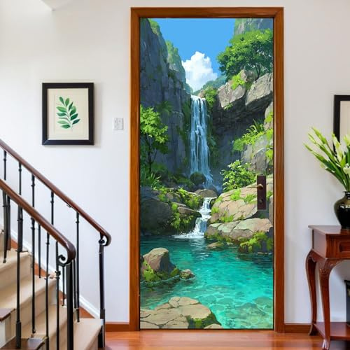 Adhesivo para Puertas Cascadas y arroyos 95x215 cm, Vinilo Decorativo PVC Autoadhesivo Verde esmeralda Papel Pintado para Puerta Interior Desmontable