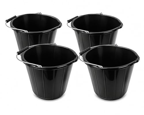 KAPCO 4 x 14L Black Builders Buckets 3 Gallons | Heavy Duty Plastic Buckets with Strong Metal Handle | Multi-Purpose for Construction, Cleaning, Gardening & Storage, Ideal for Mixing, DIY, Gardening