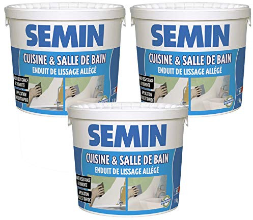 SEMIN Enduit de Lissage Hydro Allégé – Spécial Cuisine & Salle de Bain – Haute Résistance à l’Humidité – Prêt à l’Emploi – Application Facile – Avant Peinture & Revêtement Mural – 3 Seaux de 1 kg