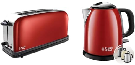 Russell Hobbs Tostadora + Hervidor de Agua Eléctrico Pequeño [pack especial] Colours Plus (acero inoxidable rojo, tostadora una ranura larga y ancha, hervidor compacto 1l de 2400) 21391-56 + 24992-70