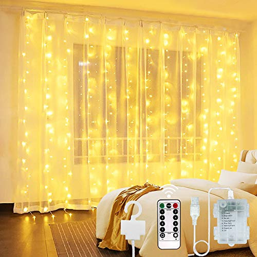 Tenda Luminosa Interni - 3 * 3 300LED Luce per Tende alimentata da USB e Batterie, Tenda di Luci Impermeabile con 8 Modalità per Finestra, Camera da letto, Natale, Festa, Giardino, Esterni