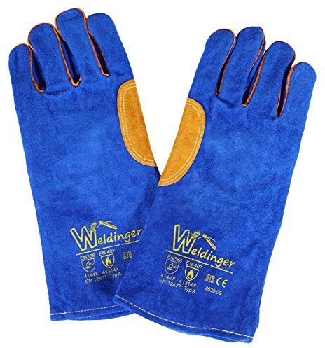 WELDINGER E-Hand/MAG Schweißerhandschuhe blau gold Gr. M/9 Rindspaltleder