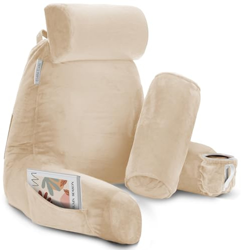 Clara Clark Reading Pillow with Shredded Memory Foam Includes 2 Neck and Lumber Support Pillows, Designed for Sitting Up in Bed and Couch, Back and Arms Adjustable Support for Adults Beige Cream