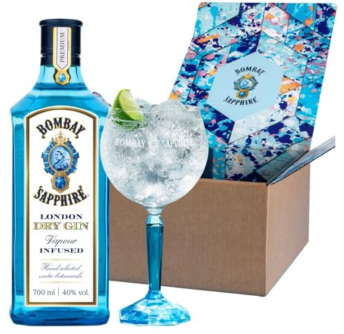 Caja regalo de Bombay Sapphire London Dry Gin con copa balón de cristal, 40% Vol., 70 cl / 700 ml, bebida espirituosa 100% infusionada al vapor con 10 botánicos seleccionados a mano