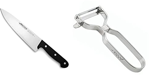 Arcos Cuchillo Universal Cocinero 200mm, Acero Inoxidable, Plateado, 200 mm + Gadgets Profesionales, Pelador de Frutas Pelador de Verdura, Acero Inoxidable Cromado, Color Plata