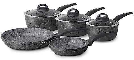 Tower T81276 Juego de Sartenes y Cacerolas Forjadas con Acabado Antiadherente Cerastone – Set 10/28 cm con Ollas 18/20/22 cm y con Mango Suave - Grafito