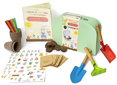 Cultivea® Stickers-Koffer - Anzuchtset - Sämlingstöpfe - Samen 100% biologisch - Spiel und Spaß - Geschenkidee für Kinder (Tomate, Eichblattsalat, Erdbeere, Basilikum, Kornblume, Bohne, Rettich)