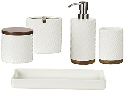 Motifeur Bathroom Accessories Set, 5-Piece Ceramic and Wood Bath Accessory Complete Set with Lotion Dispenser/Soap Pump, Cotton Jar, Vanity Tray, Tumbler and Toothbrush Holder (White and Beige)