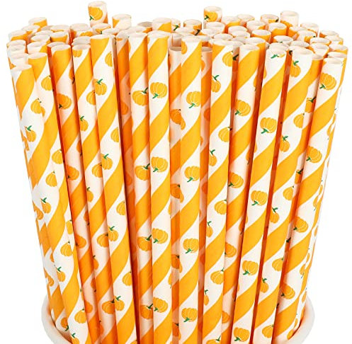 Whaline 200Pcs Fall Paper Straws Pumpkin Pattern Disposable Paper Straws Orange White Stripe Printed Drinking Straws for Autumn Thanksgiving Halloween Party Supplies Decoration