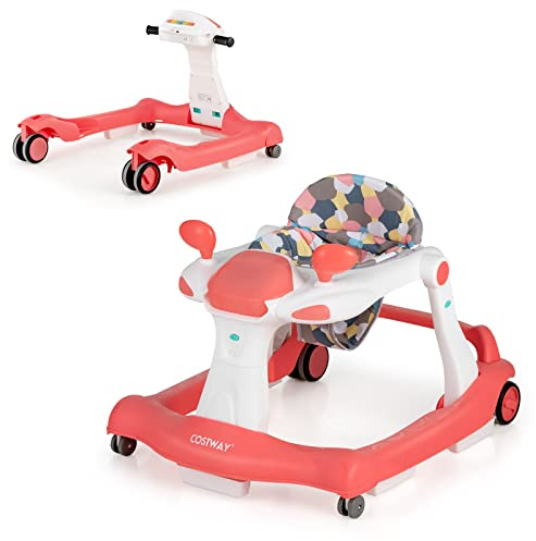 COSTWAY 2-i-1 vikbar, baby walker höjdjusterbar, promenadfri med musik och ljus, gånghjälpmedel med anti-kollision och halkskydd, gåvovagn, kan belastas i 6–18 månader, upp till 15 kg (orange)
