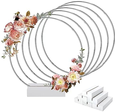 Worown 6 Pezzi 30 cm Centrotavola a Cerchio Floreale in Metallo, Anello in Metallo Argentato con 6 Base in Legno Bianco, Cerchio in Metallo per Decorazione di Matrimonio e Cerimonia