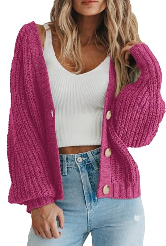 PRETTYGARDEN Women's Short Cardigan Sweaters V Neck Button-Down Long Sleeve Oversized Chunky Knit Cardigans (Rose Red,Medium)