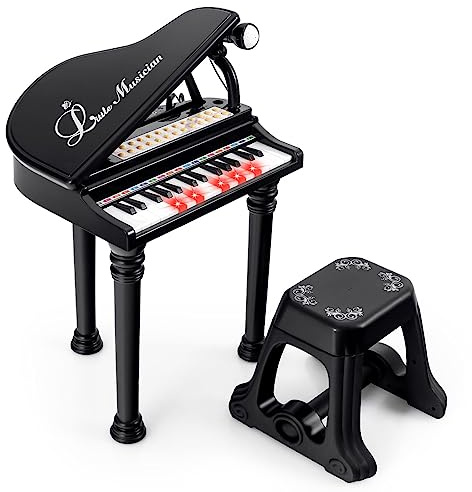 COSTWAY 31-Key Kids Toy Piano, Children Electronic Keyboard with Stool, Microphone, LED Teaching Mode, Recording and Play Function, Toddlers Musical Instrument for Boys Girls (Black)