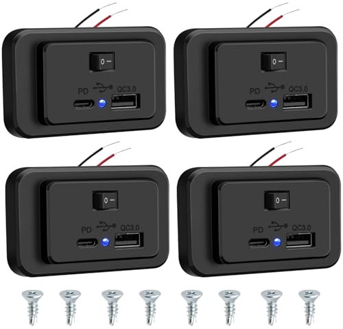 Hoembpn 4pcs Prise de Chargeur USB C de Voiture PD2.0+QC3.0 avec On/Off Interrupteur,DC12V-26V Panneau Prise USB Commande Charge Rapide avec LED pour Voiture Camping-Car Marine Camion Bateau Moto