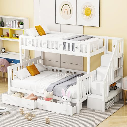 kubeier 90 x 200 über 140 x 200 Etagenbett mit Schubladen, Hochbett Kinderbett mit Treppe, Stauraumbett, Rahmen aus massivem Kiefernholz Spielbett für Jungen & Mädchen, weiß