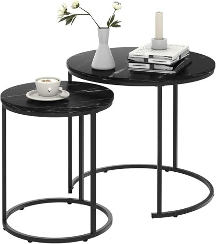 Huhote Runde Couchtische, Set mit 2 Beistelltischen, Beistelltisch mit Metallrahmen für Wohnzimmer/Schlafzimmer/Balkon/Büro/Wohnung, Durchmesser 40 cm (schwarzer Rahmen, schwarze Marmorplatte)