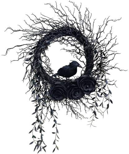 Halloween Krähen Türkranz Ø45 cm, Künstlicher Halloween Kranz mit Krähe, Schwarzen Rosen & Toten Zweigen, Gruselige Tür‑Deko für Innen & Außen, Garten