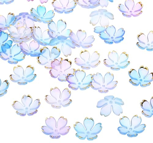 PATIKIL Abalorios Espaciadores Florales 100 Piezas Abalorios de Flores de Cerezo Acrílicos de 5 Pétalos Chapados en Oro para Manualidades DIY Degradado Azul-Violeta