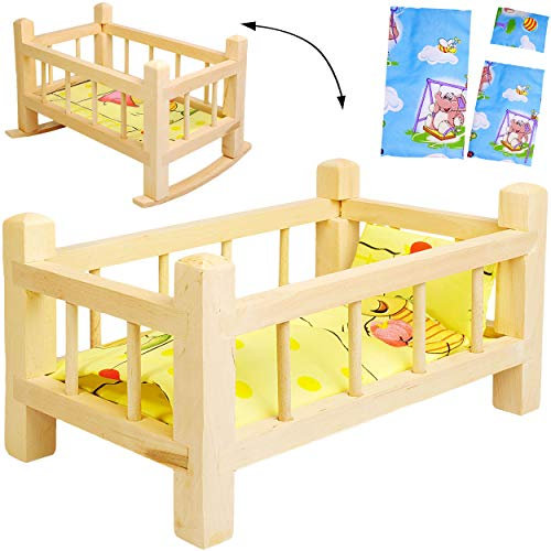 alles-meine.de GmbH UMBAUBAR - großes Holz - Puppenbett & Puppenwiege - 43 cm groß - mit Bettzeug - aus Naturholz - Holzwiege Schaukelbett - für Puppen groß - Bett Holzpuppenwieg..