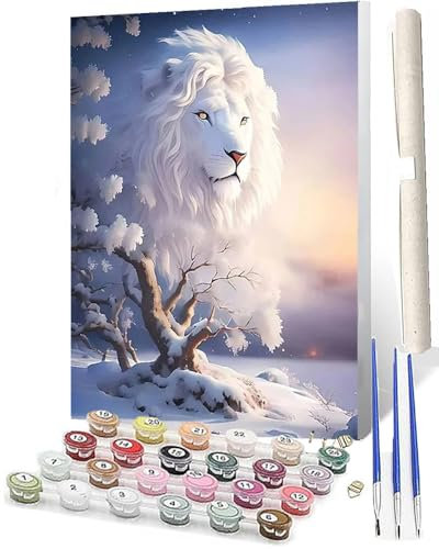 WMZPOY Malen Nach Zahlen Erwachsene Anfänger Weißhaariger Löwe im Schnee 013 DIY Handgemalt Ölgemälde Kits auf Leinwand mit Pinseln Acrylpigment Deko Painting by Numbers 40 * 50