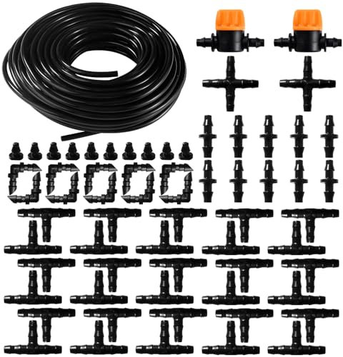 VooGenzek 65 Pièces 4/6 mm Kit d'irrigation Goutte, 20m Tuyau d'irrigation, Systeme Irrigation, avec Raccords Cannelés Droits, Connecteurs en T, Bouchons d'extrémité, pour Jardin, Plantes