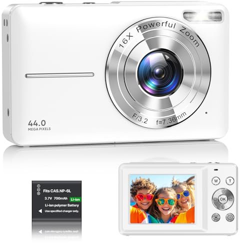 Digital Camera 1080P FHD Compact Digital Camera 44MP Portable Mini Small Photo Camera with 2.4 LCD Screen, 16X Digital Zoom and 1 Battery Vlogging Camera for Kids, Girls, Boys-White (No SD Card)