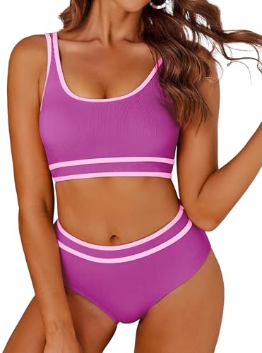 AI'MAGE Bikini Mujer Traje de Baño Dos Piezas Cintura Alta Control Abdominal Bañador Playa Deportivo, Rosa Fucsia S