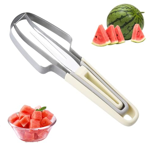 Melonenschneider Obstschneider Slicer Melonenausstecher 3-In-1 Obstschneider Aus Edelstahl,Wassermelonen Scheiben Fruit Cutter Kiwi Mangoschneider für Obst Bento Fruchtschneider (beige)