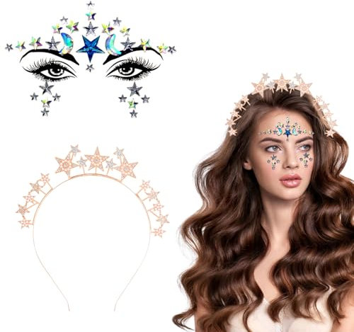 Durdiiy Haarreif Sterne Silber/Gold/Roségold mit Sterne Strass Gesichtstattoo,Haarschmuck Damen,Karneval Fasching Haarschmuck Kopfschmuck Sterne Stirnband Haarreifen für Damen Mädchen (Roségold, 2)