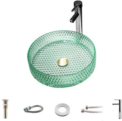 QYLTTDM Aufsatzwaschbecken aus Glas, mit Wasserhahn-Ablaufgarnitur und Wasserleitung, rundes Badezimmerwaschbecken, einfach zu installierendes Waschbecken, Waschschüssel-Set aus Glasgefäßen
