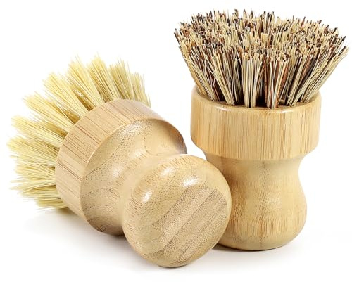 DEBETOOL 2-Pack Bamboo Dish Brush – Natural Wooden Dish Pot Brush with Sisal & Palm Bristles for Non-Stick Pans, Pots, Vegetables, and Kitchen Cleaning